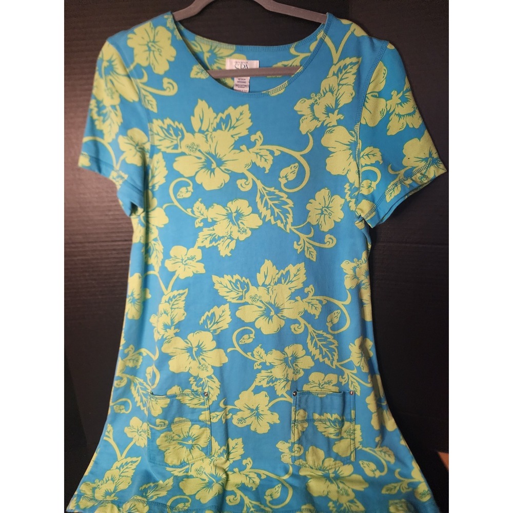 Delicates SPA Blue Green Hibiscus Floral Cotton Knit Dress Pockets Medium